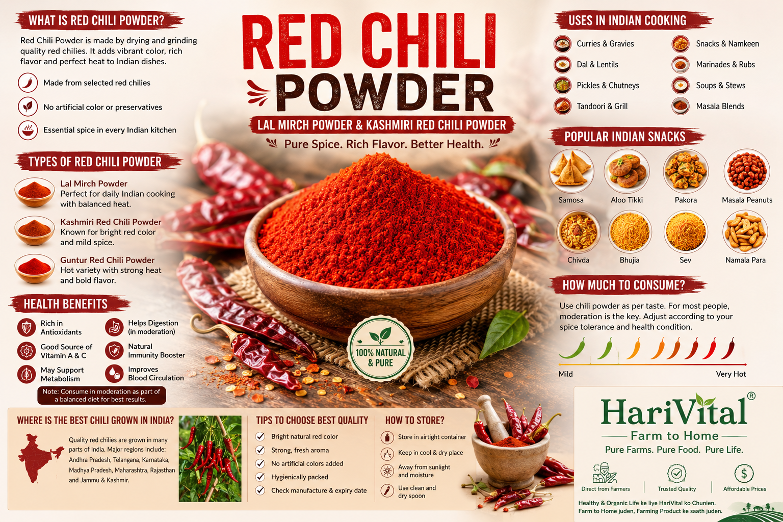 Red Chili Powder, Lal Mirch Powder and Kashmiri Red Chili Powder infographic with health benefits, uses and Indian cooking guide
