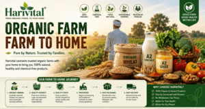 Harivital Organic Farm to Home products including A2 Cow Ghee, organic dairy, wheat, fresh vegetables, spices, herbal products, and healthy foods sourced directly from trusted farmers.