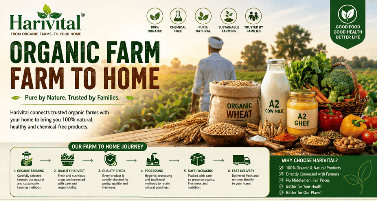 Harivital Organic Farm to Home products including A2 Cow Ghee, organic dairy, wheat, fresh vegetables, spices, herbal products, and healthy foods sourced directly from trusted farmers.