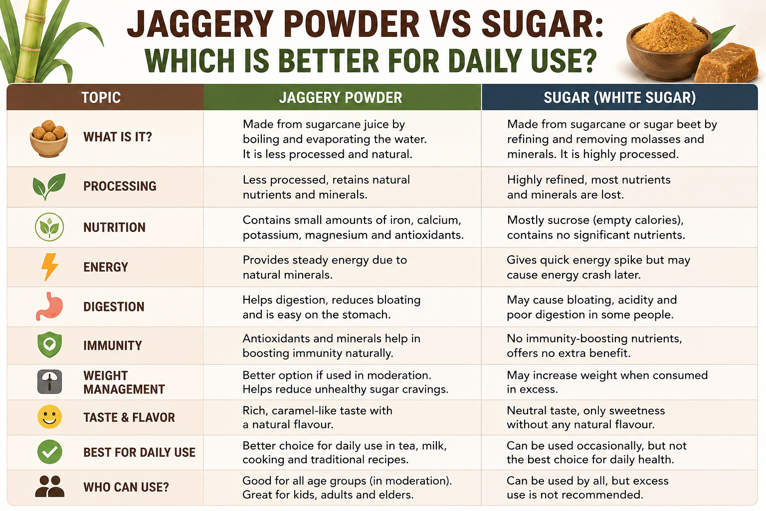 Jaggery powder vs sugar comparison infographic showing health, digestion, energy, and daily use benefits.