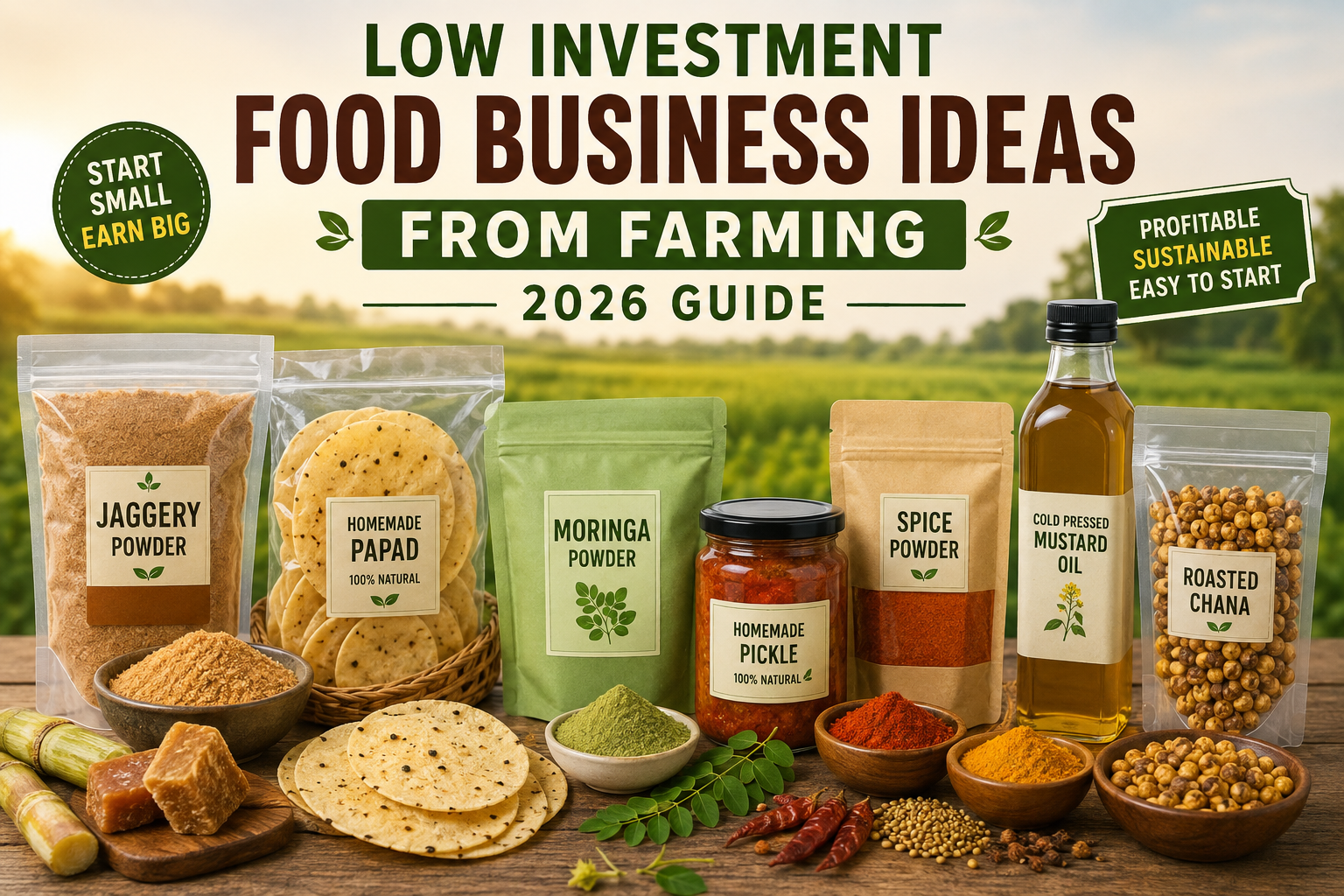 Low investment food business ideas from farming infographic showing jaggery powder, papad, moringa powder, pickle, spices, oil, and roasted chana.