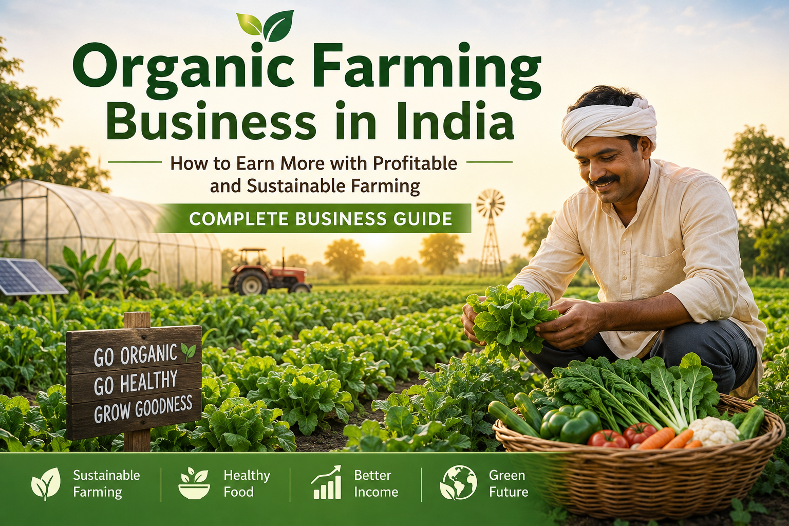 Organic farming business in India with a farmer harvesting fresh organic vegetables in a sustainable farm