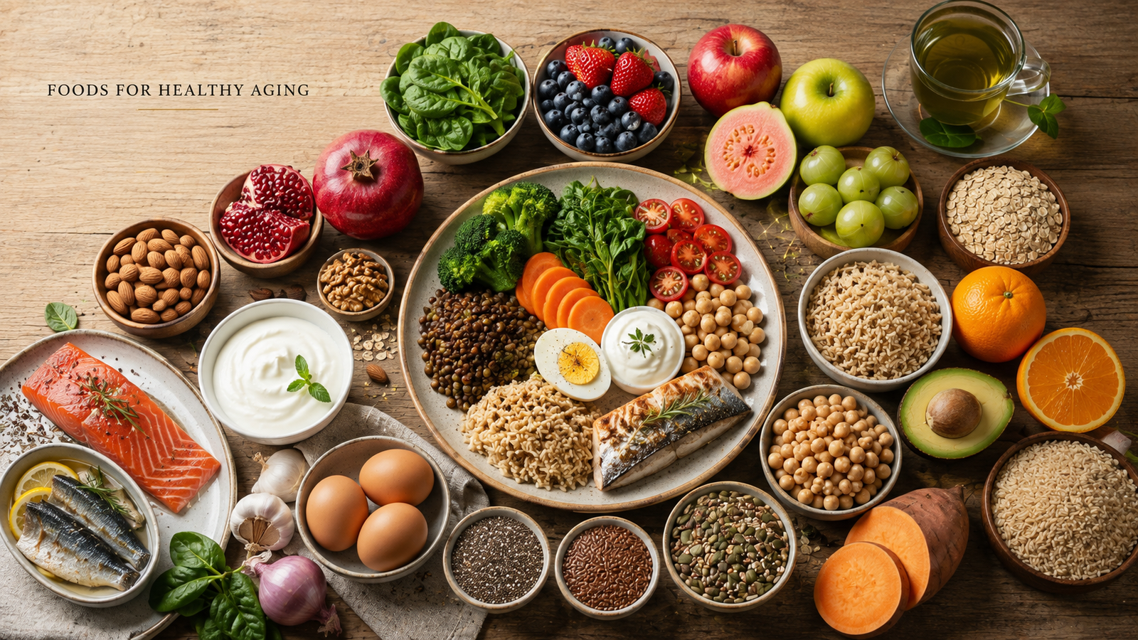 Foods for healthy aging with fruits, vegetables, nuts and whole grains