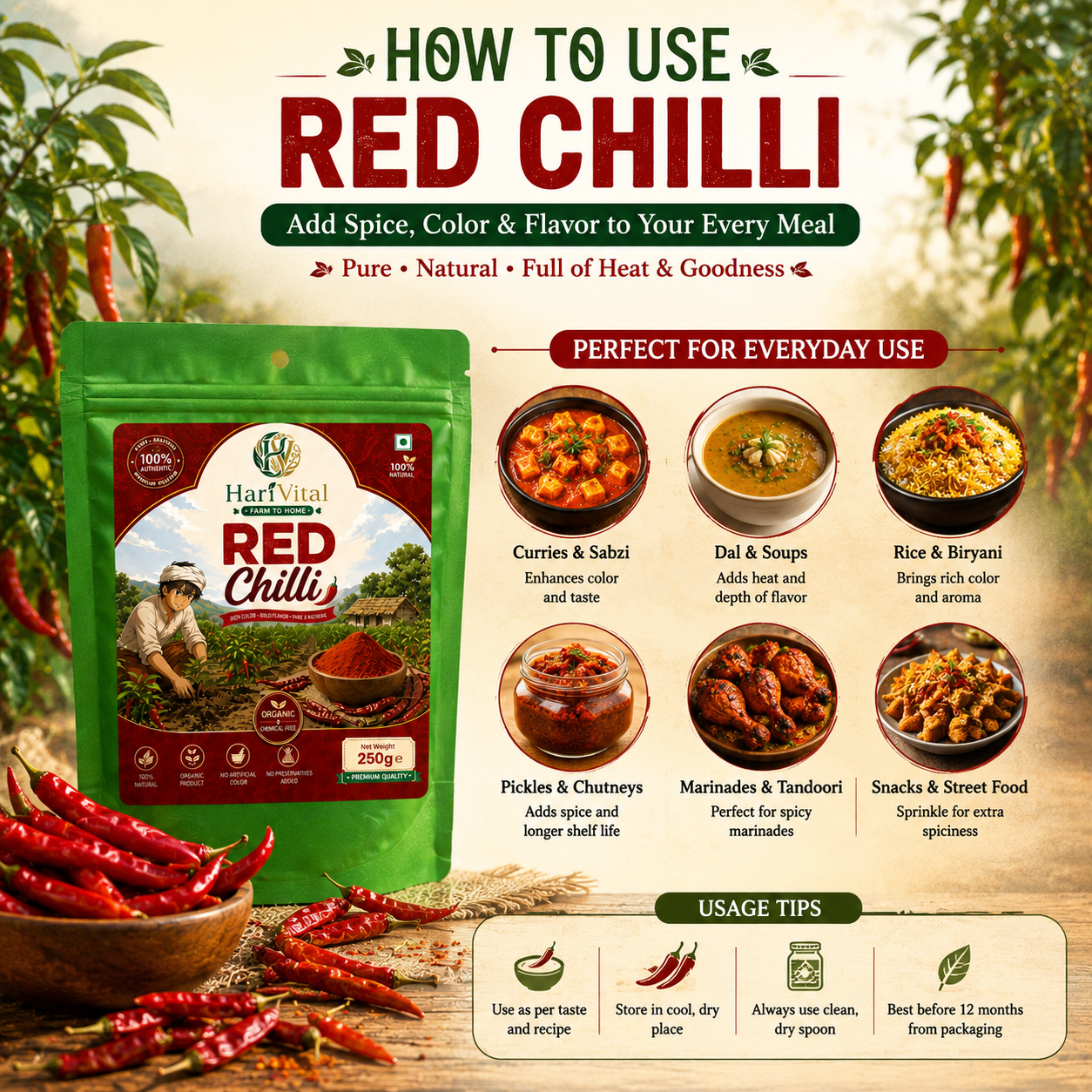 **HariVital Red Chilli Powder | Lal Mirch Powder | Pure Indian Red Chilli Masala | Fine Ground Chilli Powder for Cooking** - Image 2