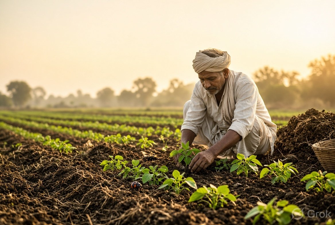 Chemical-Free Farming with a farmer working in healthy soil and green crops