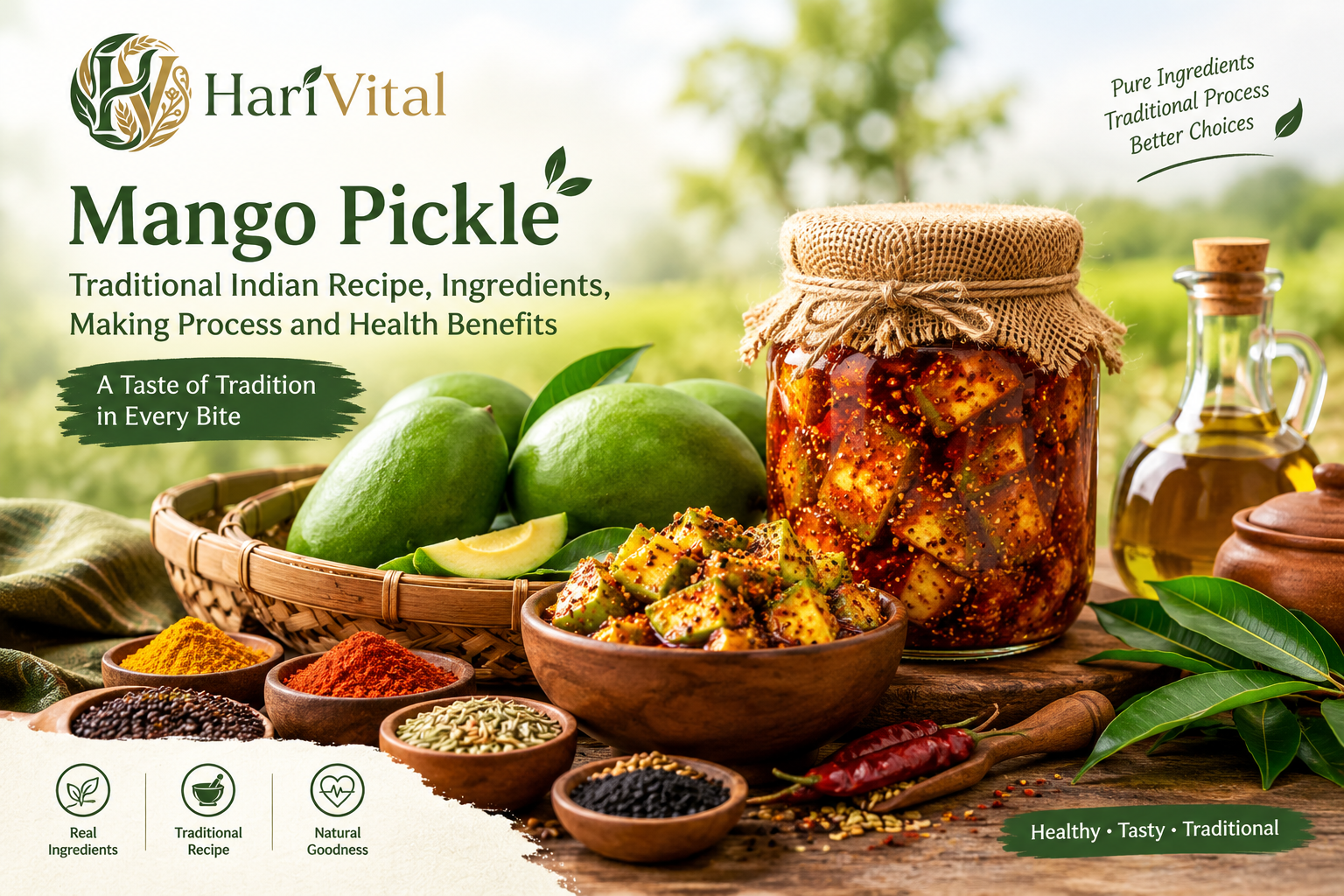 Traditional mango pickle recipe with raw mangoes, spices and mustard oil